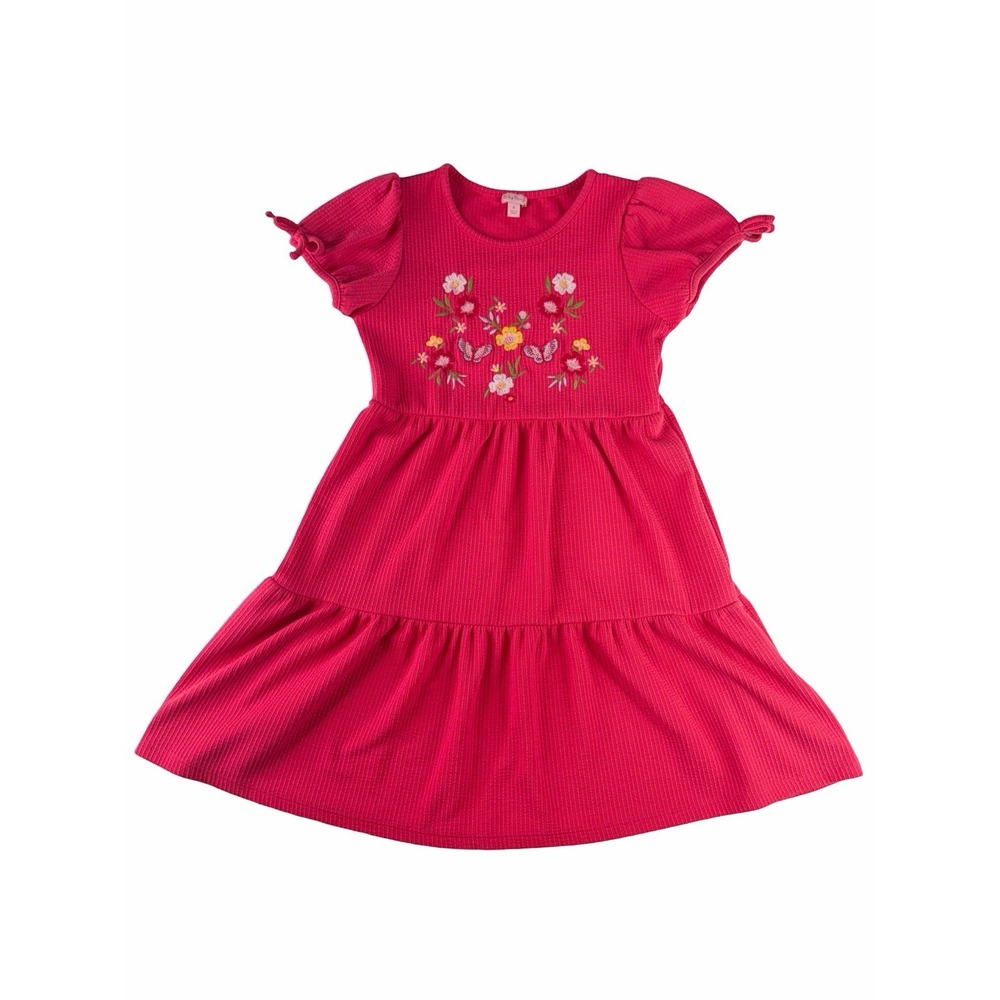 Lucky Penny Girls Size 8 Pink Ribbed Dress Floral Butterfly Embroidered Spring
